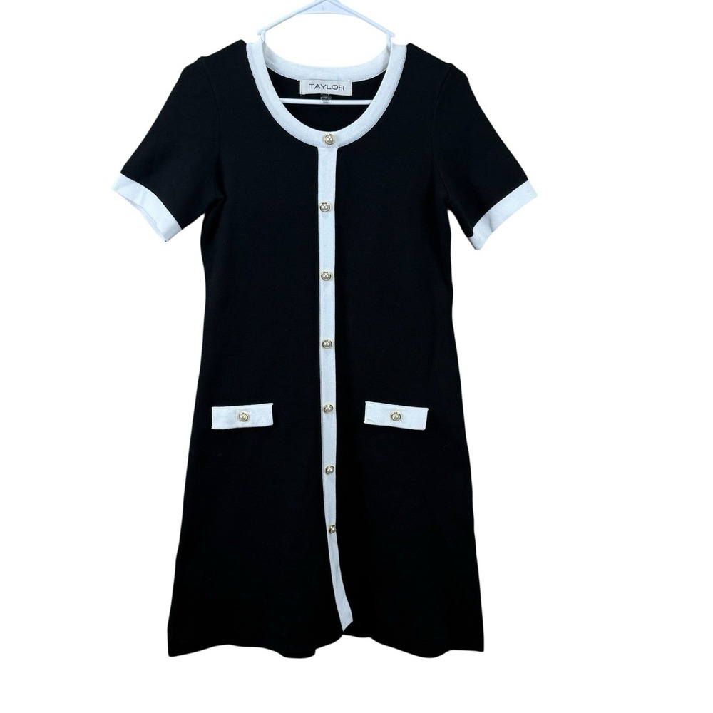Taylor Womens Button Front Black White Sweater Dress M Classic Elegance‎
